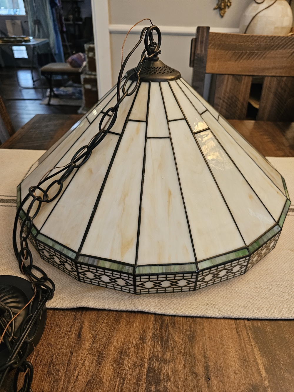 Stained Glass Pendant Lamp Shade with Green Accent, Hanging Pendant W/chain